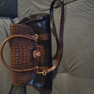 Brahmin Luxurious Pecan Brown and Black Crocodile-Embossed Satchel